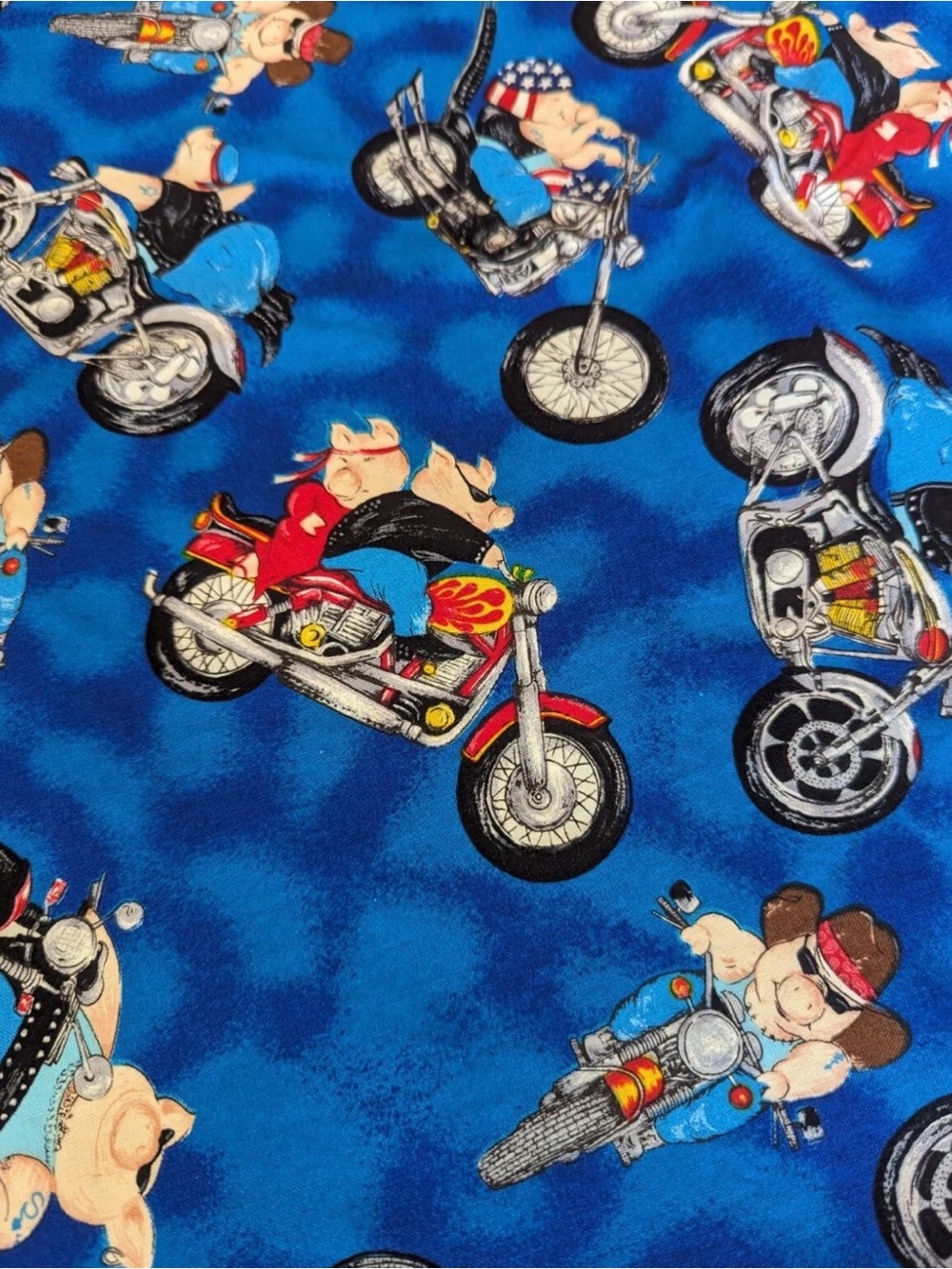 Hog Biker Pigs Motorcycle Blue Material Fabric Cloth Fit Print Timeless 40”x46”